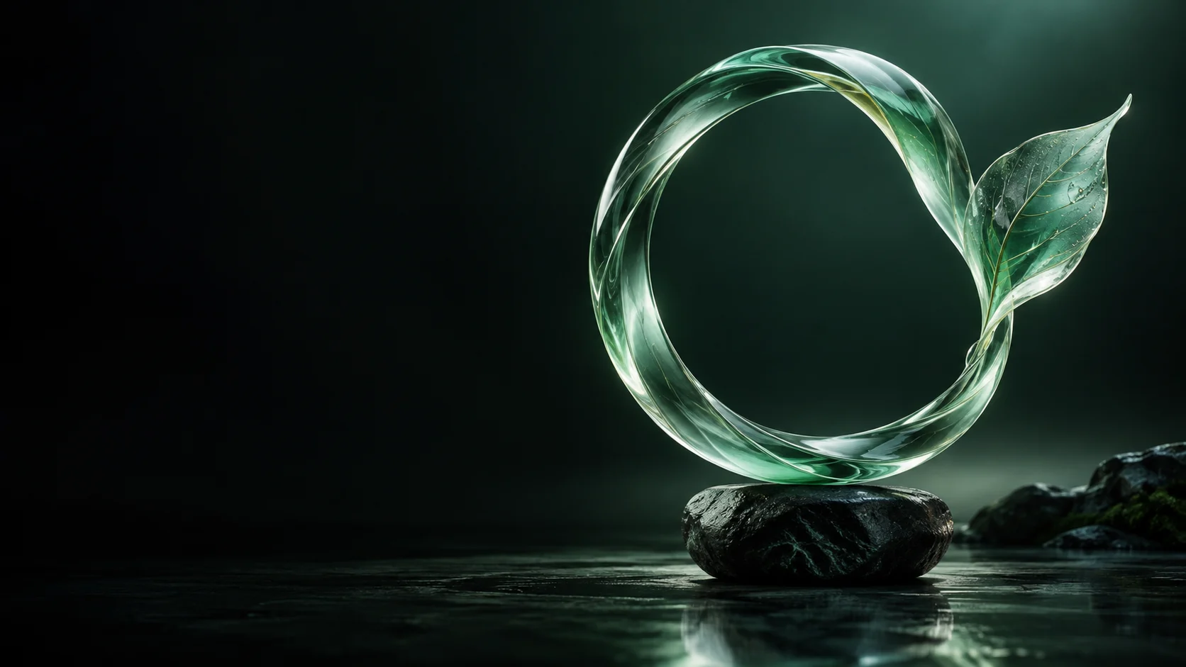 Green glass ring with a leaf resting above dark stone.
