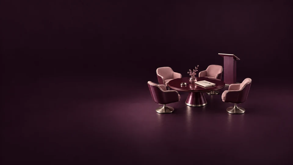 A compact conference-table model with four upholstered chairs, a lectern and a blank agenda notebook.