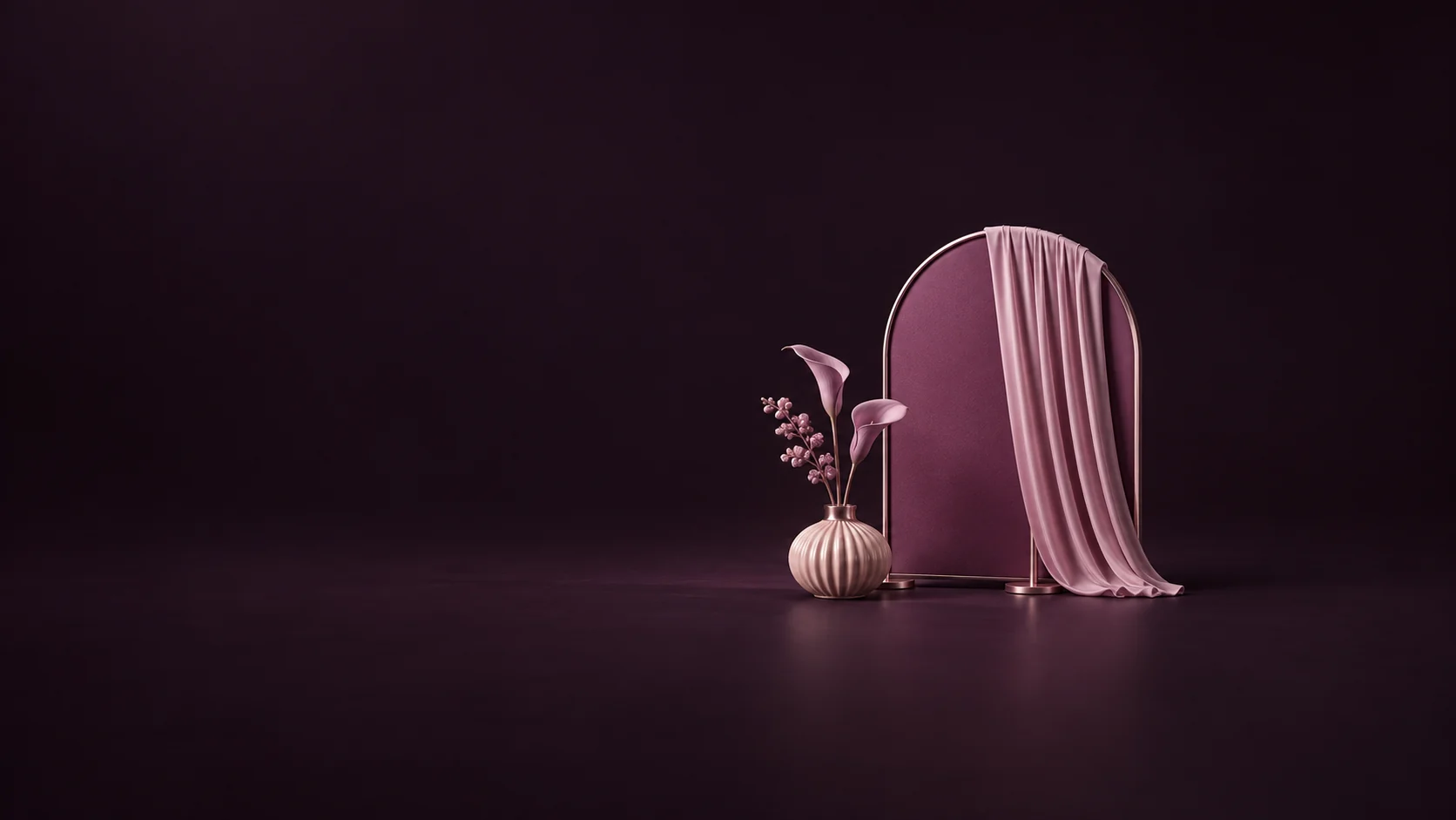 A miniature arched backdrop, mauve drape and fluted vase with stylized flowers on a dark plum ground.