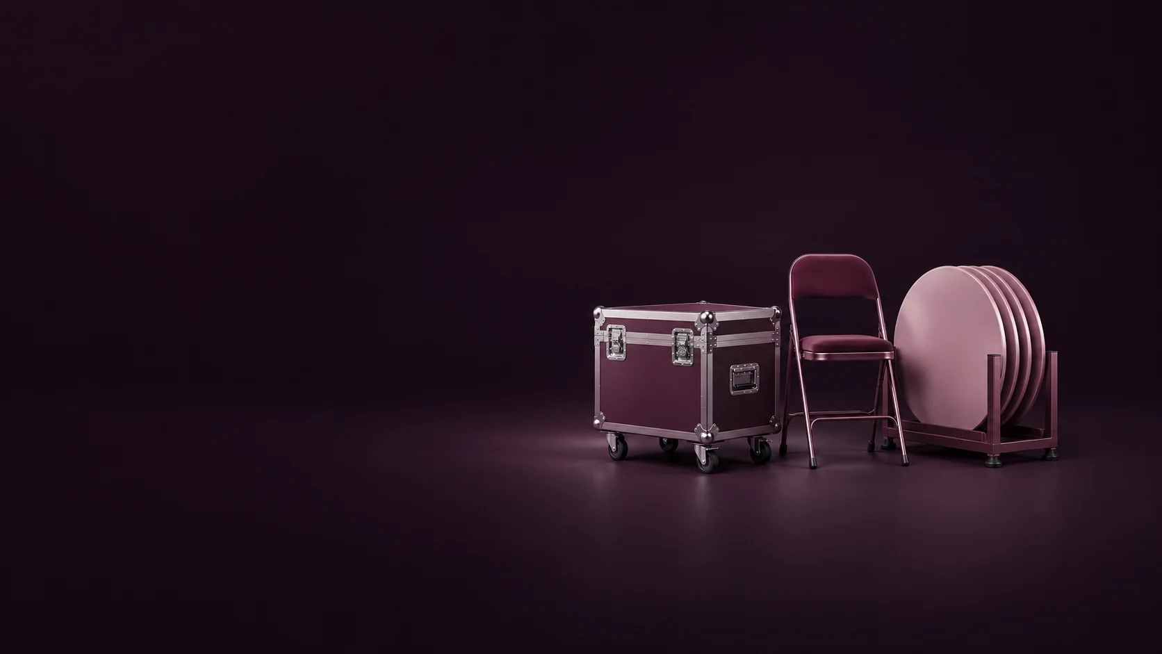 A wheeled road case, folding event chair and round tabletops in a storage cradle.