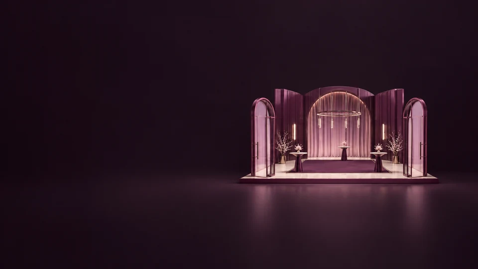A miniature event hall with open doorways, three low tables and a broad empty floor on a shallow plinth.