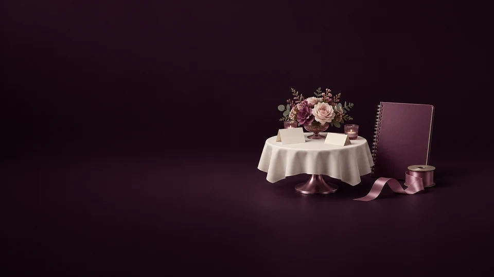 A small celebration-table model with flowers, blank place cards, an unmarked planner and a satin ribbon spool.