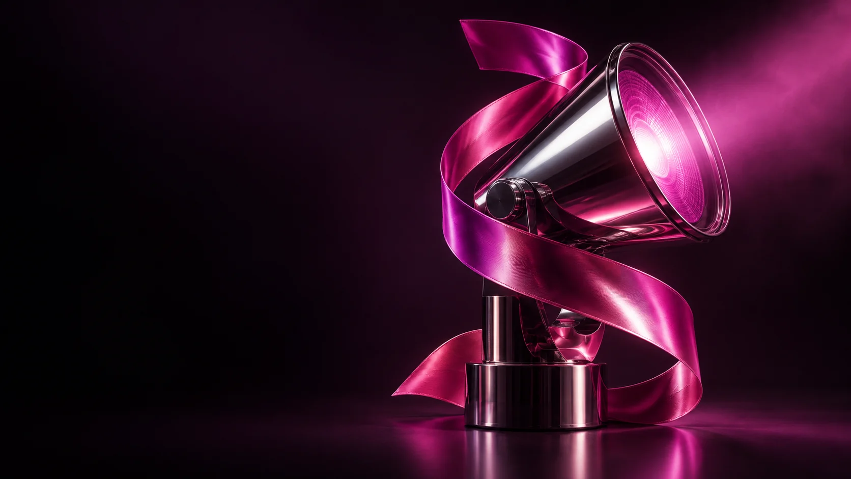 Metal stage spotlight wrapped in a magenta ribbon.