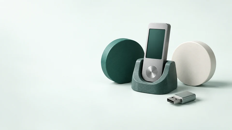 Blank hardware wallet, two plain discs and a disconnected USB connector in teal and aluminum.