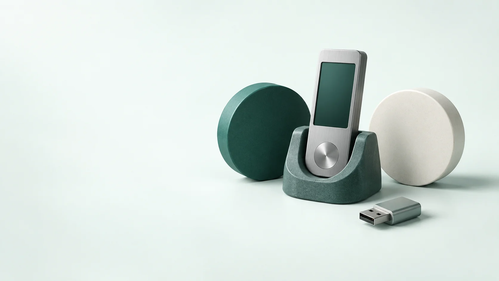 Blank hardware wallet, two plain discs and a disconnected USB connector in teal and aluminum.