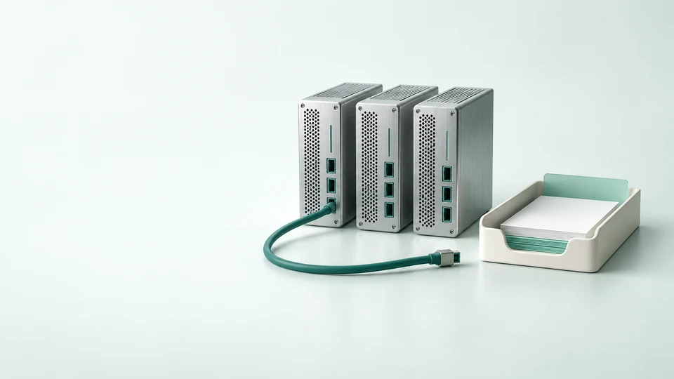 Three unmarked server modules with a disconnected cable beside a blank report tray.