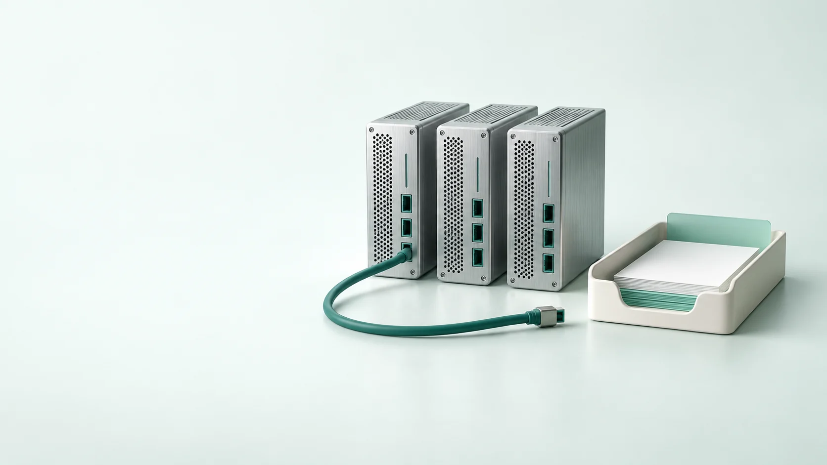 Three unmarked server modules with a disconnected cable beside a blank report tray.