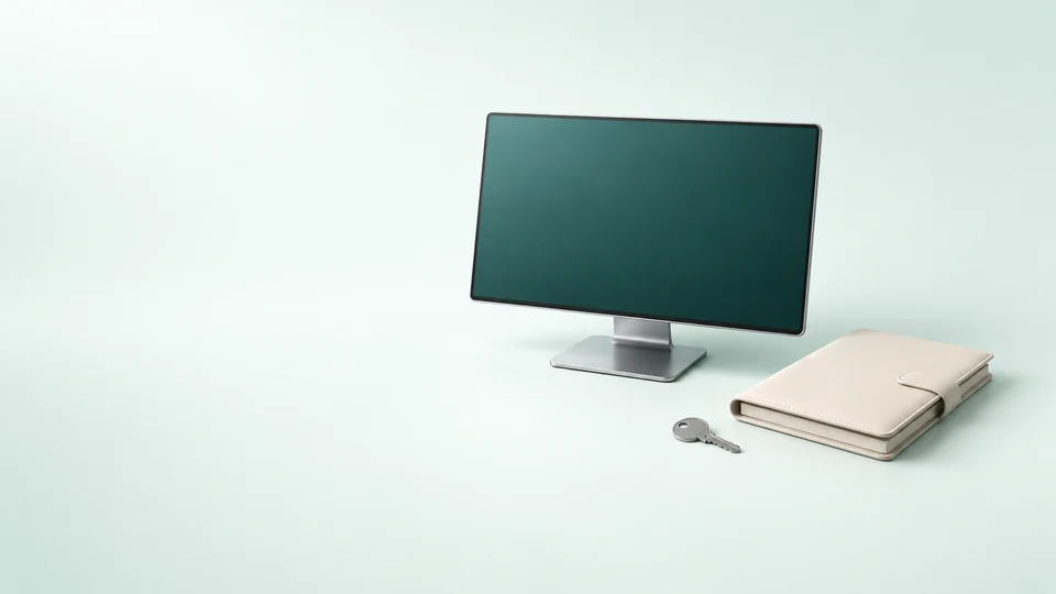 Blank teal monitor, closed cream account folio and plain metal key.