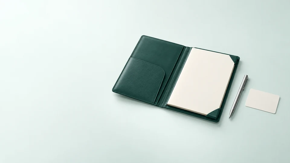 Open teal application folio with blank paper, an aluminum pen and a blank card.