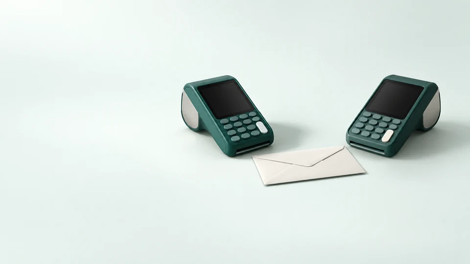 Two inactive teal payment terminals and a blank envelope.