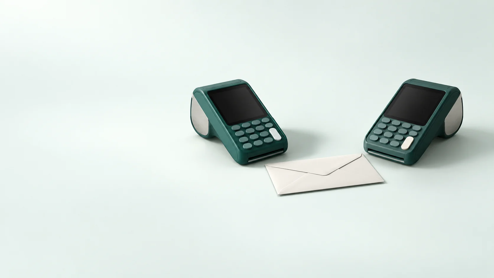Two inactive teal payment terminals and a blank envelope.
