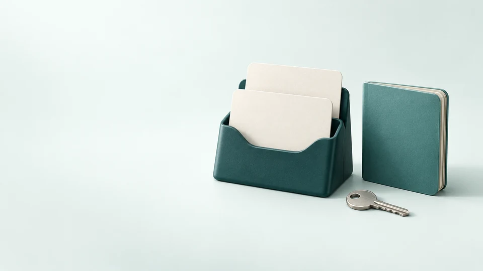 Teal cardholder with two blank cards beside a closed account booklet and metal key.