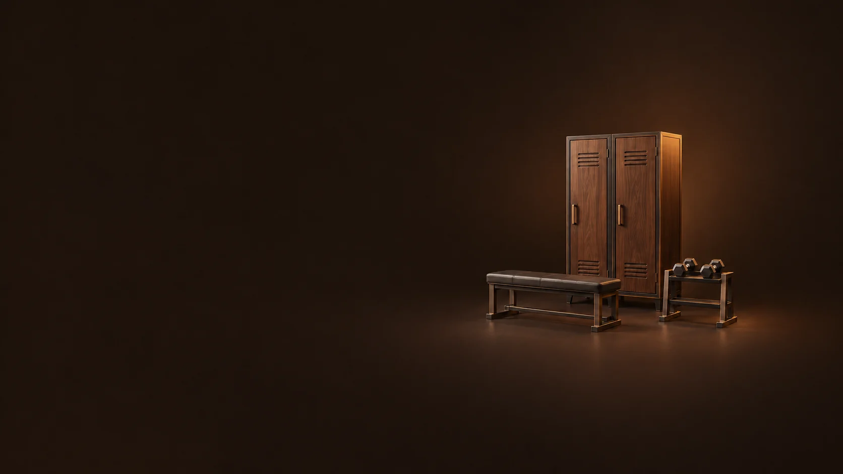 Two walnut gym lockers stand behind an empty padded bench and a small metal dumbbell rack.