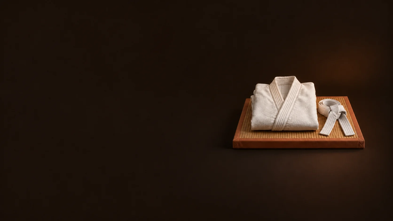 Folded ivory martial arts gi and a white belt on a terracotta tatami platform.