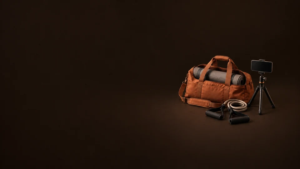 Terracotta training duffel with a rolled mat, resistance handles and an inactive phone on a small tripod.