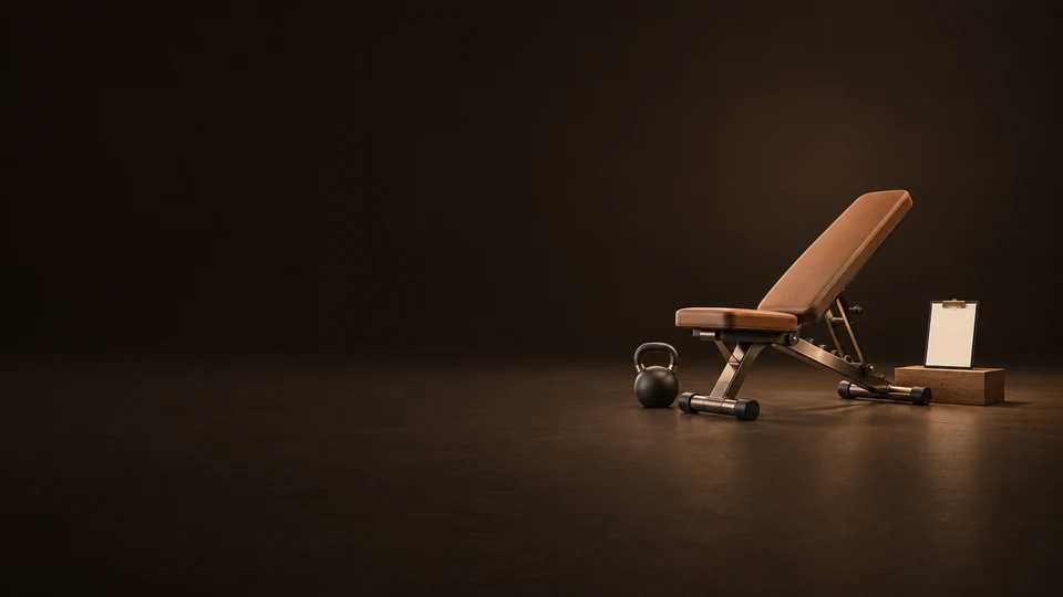 Empty terracotta workout bench beside a kettlebell and a blank clipboard on an oak block.