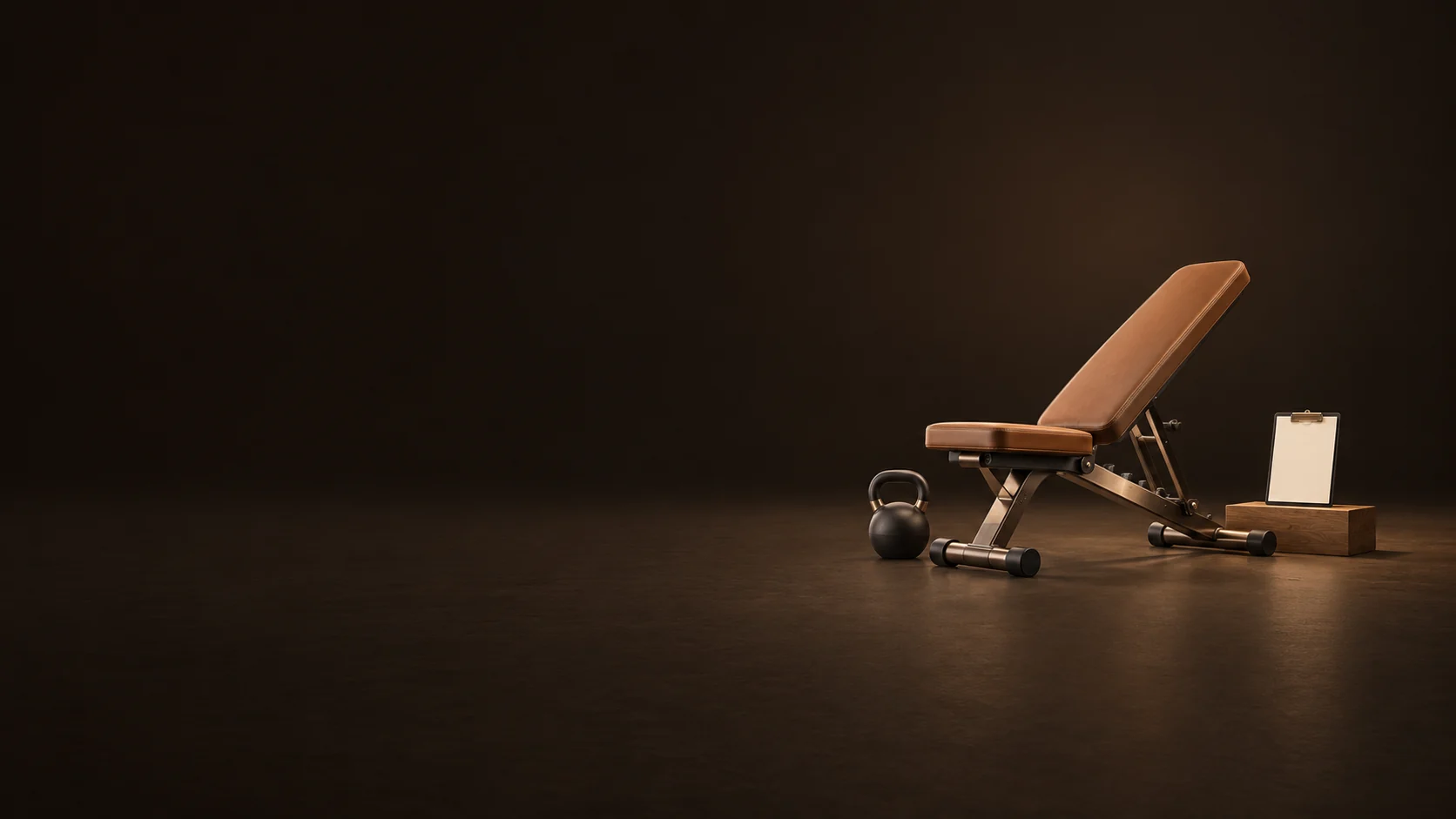 Empty terracotta workout bench beside a kettlebell and a blank clipboard on an oak block.