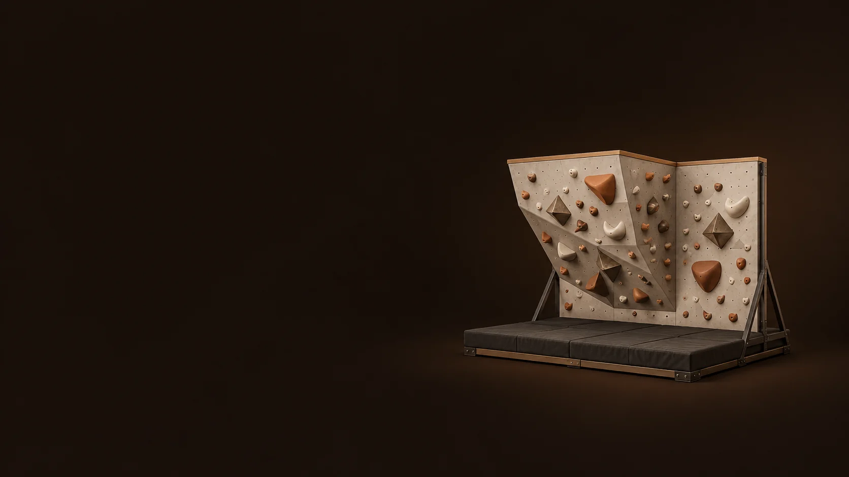 Miniature empty bouldering wall with terracotta and ivory holds above a charcoal floor mat.