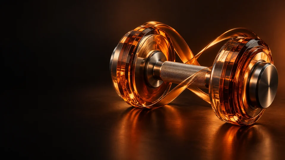 Amber glass dumbbell with a textured metal grip and curved ribbon.