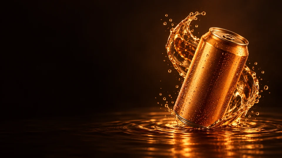 Amber beverage can above a shallow liquid ripple and curved splash.