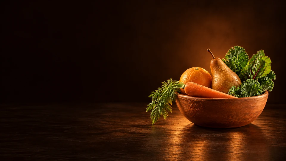 Terracotta bowl holding an orange, pear, carrot and leafy greens.