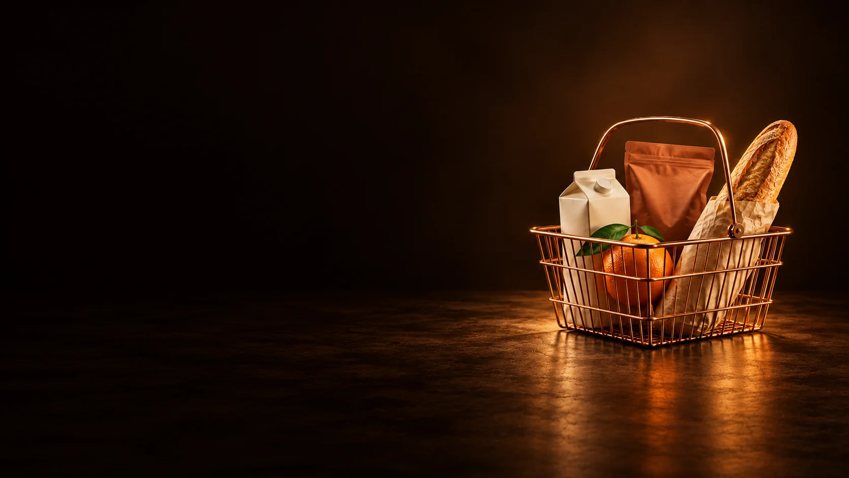 Copper wire grocery basket holding bread, an orange, a carton and a pouch.