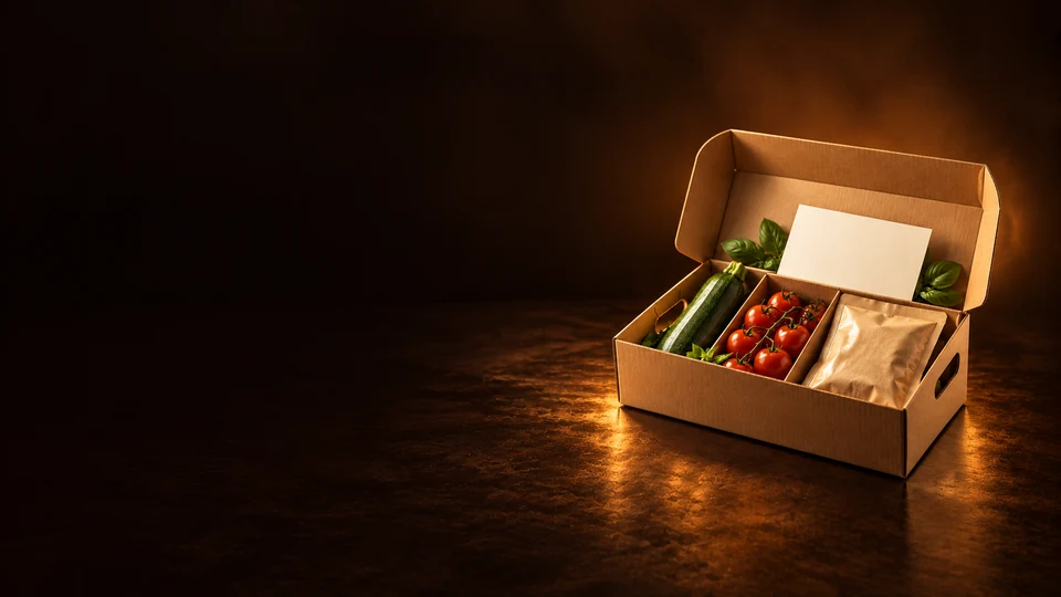 Open meal-kit box with vegetables, a sealed ingredient pouch and blank recipe card.
