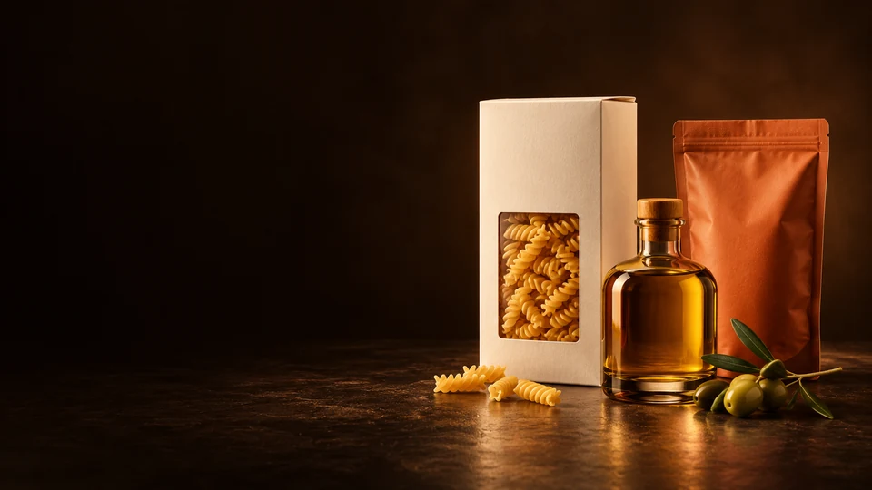 Pasta carton, amber oil bottle and burnt-sienna food pouch.