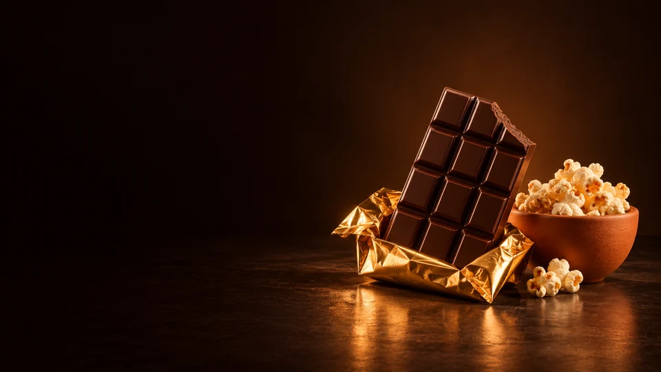 Dark chocolate bar in gold foil beside a terracotta cup of popcorn.
