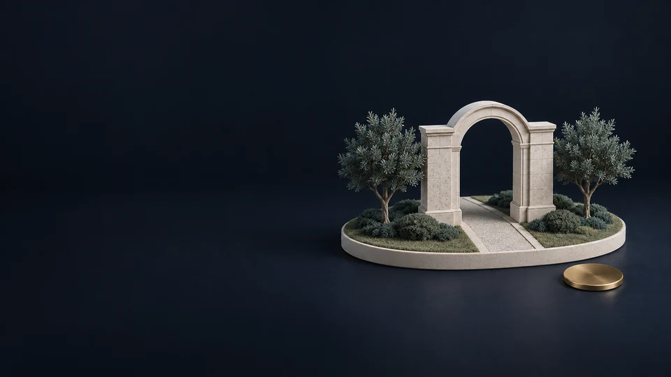 Limestone cemetery gateway model with two trees and an unmarked appointment token on a dark slate field.