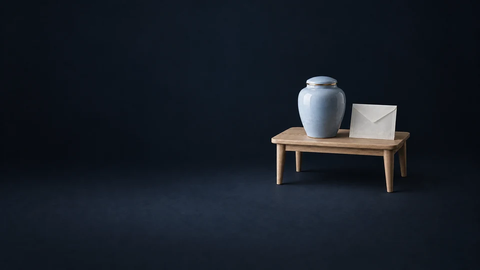 Closed pale-blue ceramic urn and blank envelope on a compact oak table against dark slate.