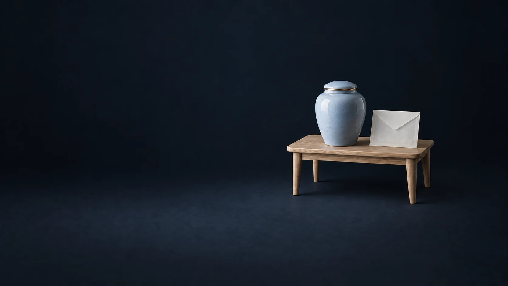 Closed pale-blue ceramic urn and blank envelope on a compact oak table against dark slate.