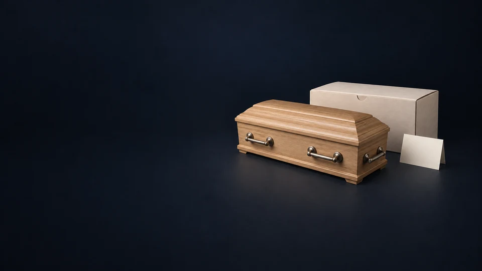 Closed oak casket model with complete metal handles beside an ivory delivery carton and blank destination card.
