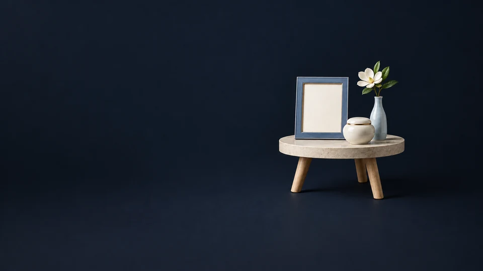 Blank blue memory frame, closed ivory vessel and a single white flower on a compact stone table.