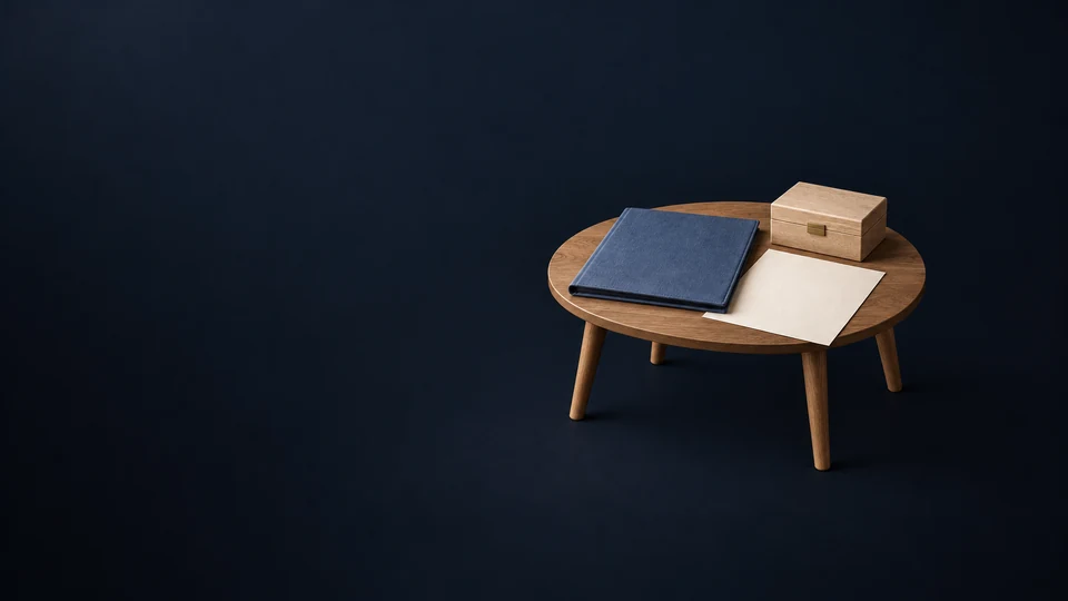 Blue planning folder, blank preference sheet and closed oak keepsake box on a complete oval table.
