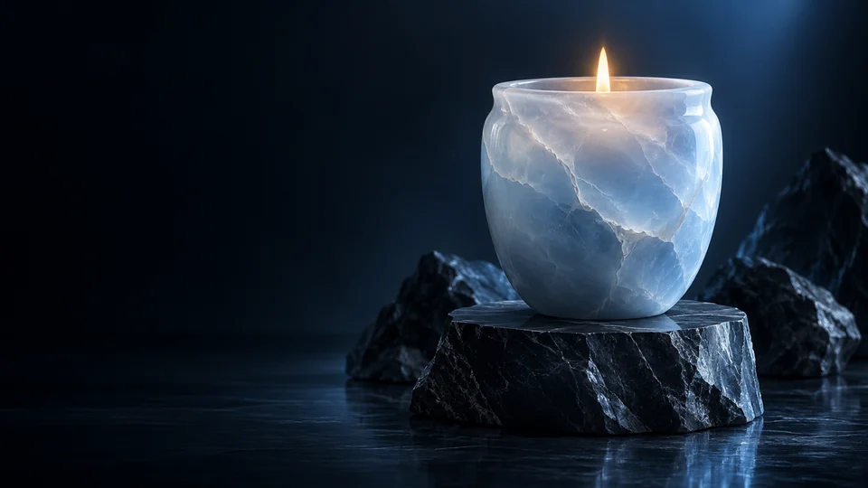 A pale blue stone candle vessel with a warm flame on a dark rocky plinth.