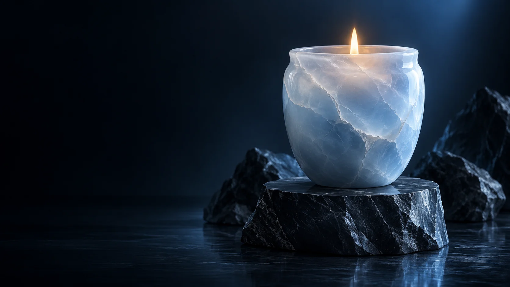 A pale blue stone candle vessel with a warm flame on a dark rocky plinth.