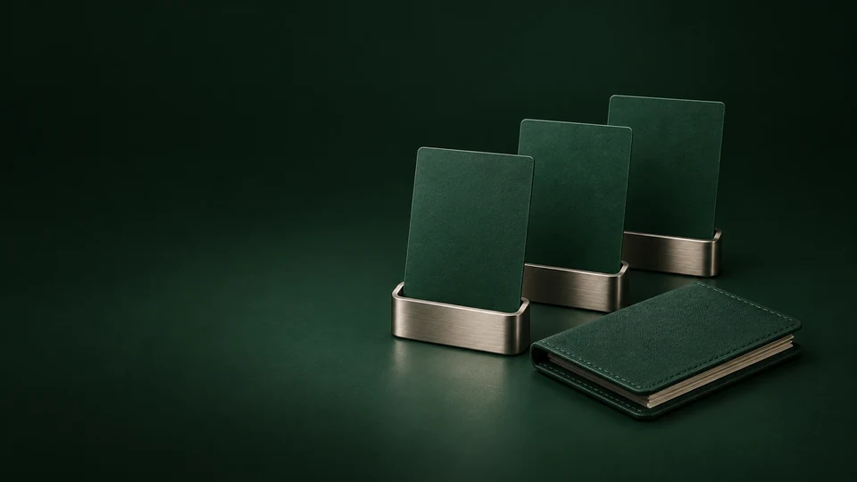 Three blank green roster cards in separate nickel stands beside a closed folio.
