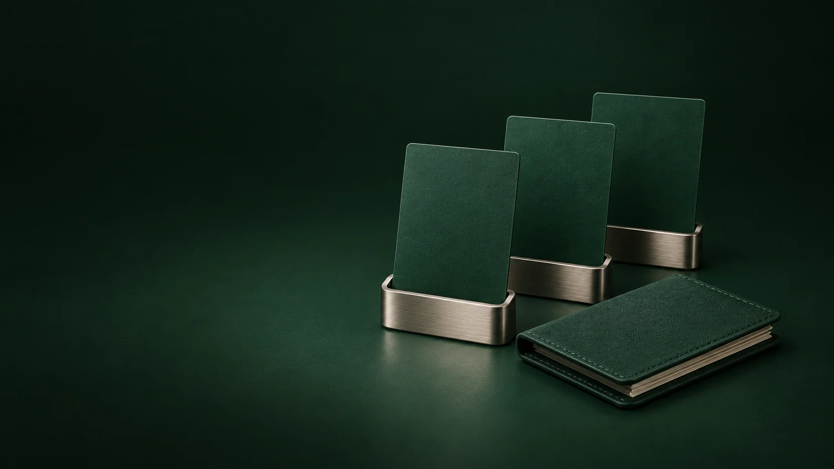 Three blank green roster cards in separate nickel stands beside a closed folio.