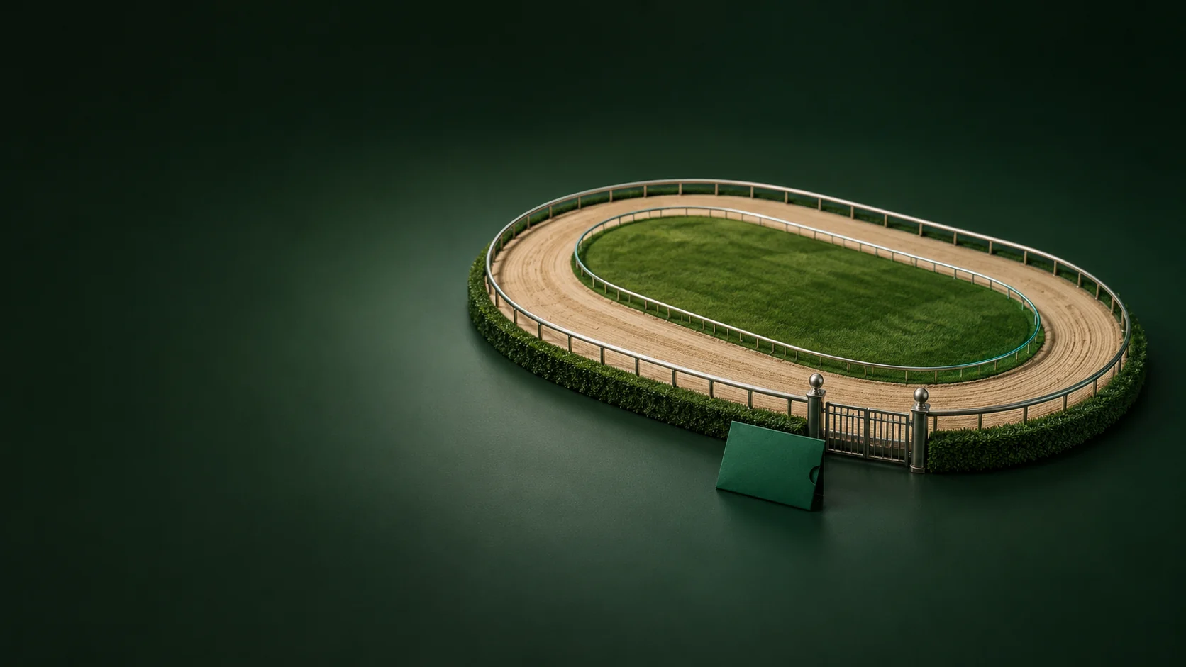An empty oval sand racetrack model with perimeter rails, a closed gate and a blank green sleeve.