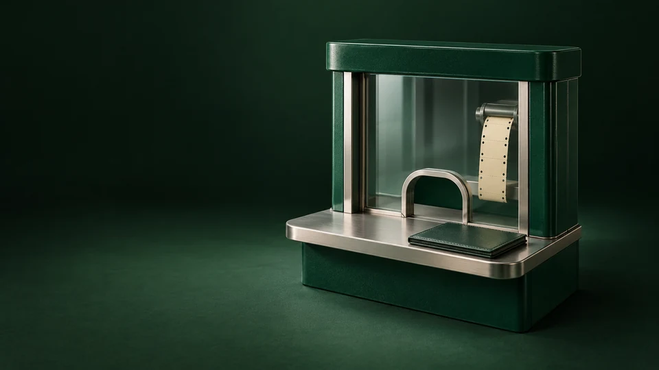 A green retail service window with a blank perforated ticket strip behind glass and a closed folio outside.
