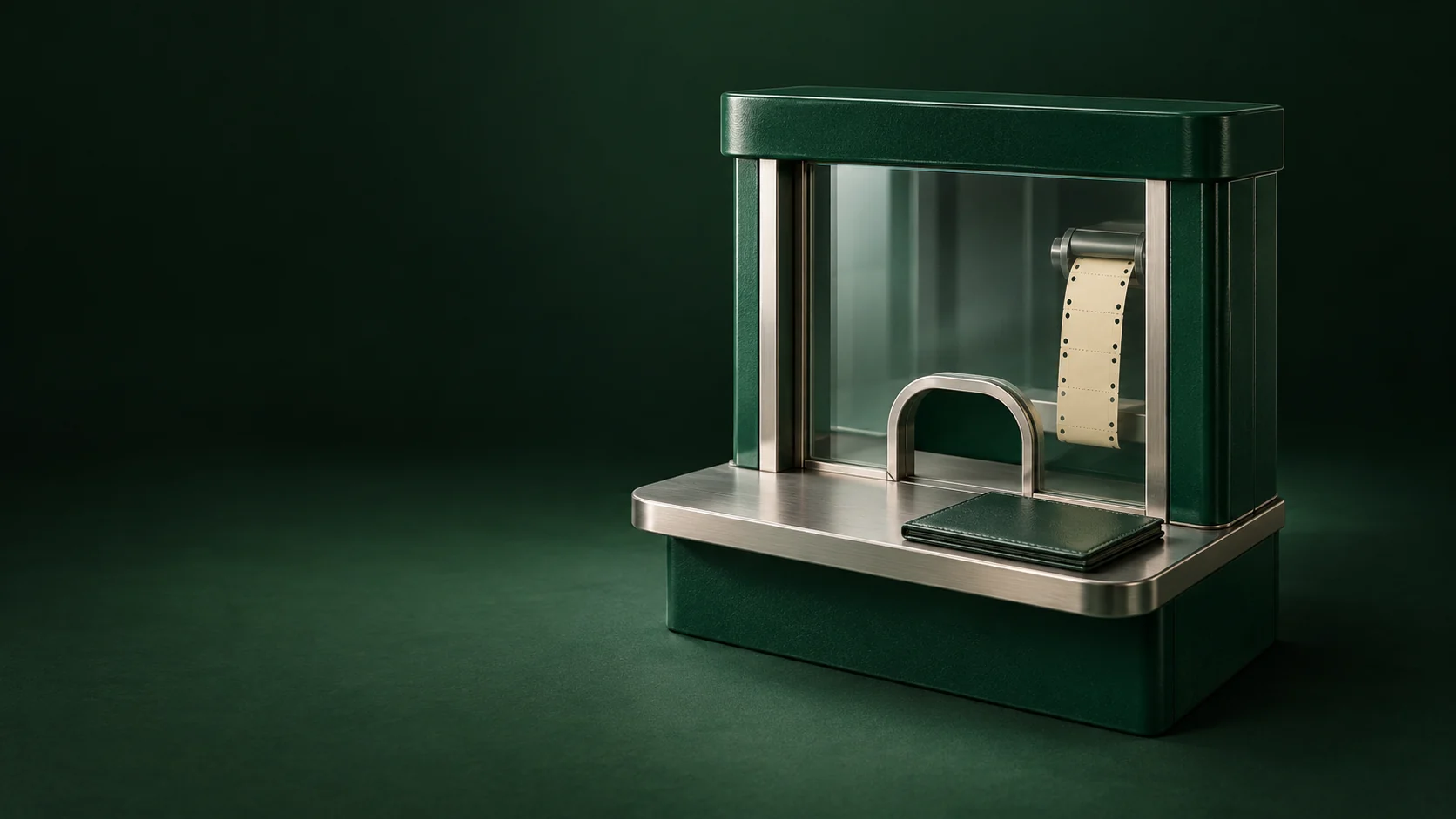 A green retail service window with a blank perforated ticket strip behind glass and a closed folio outside.