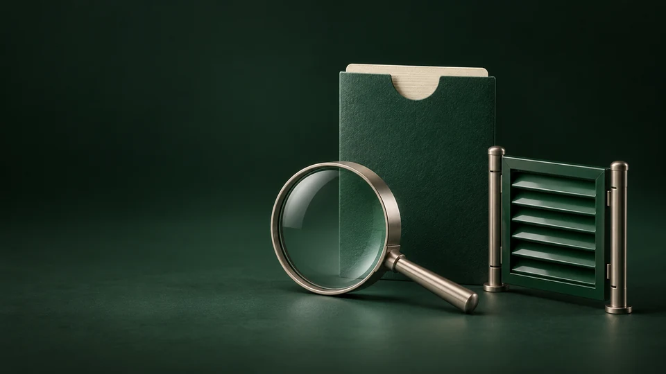 A nickel magnifying glass before a blank green account sleeve beside a closed green louvered gate.
