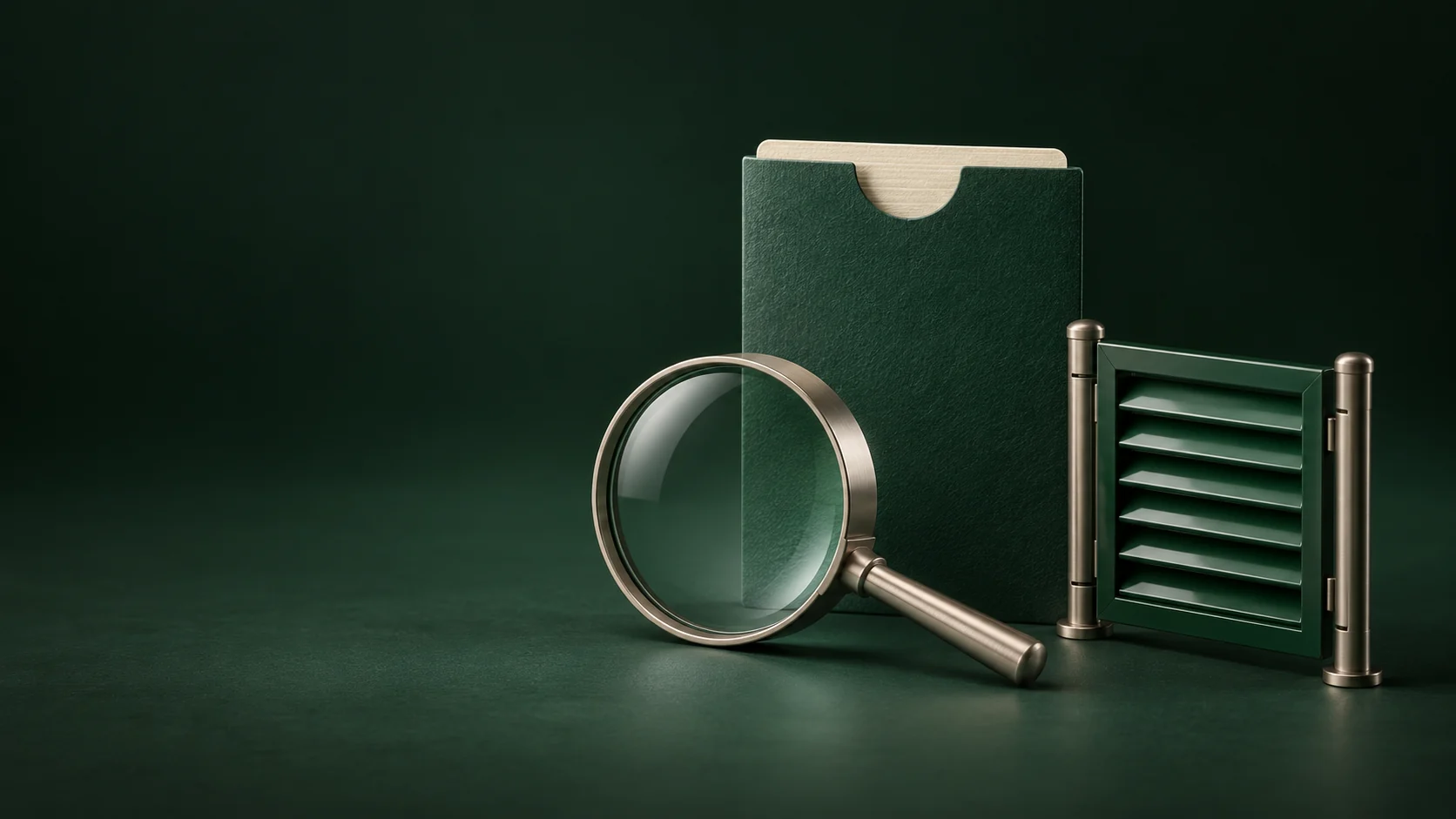 A nickel magnifying glass before a blank green account sleeve beside a closed green louvered gate.