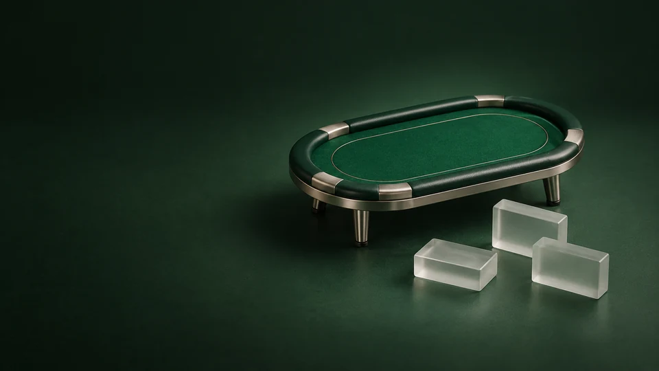 An empty oval green felt table beside three separate frosted rectangular archive blocks.