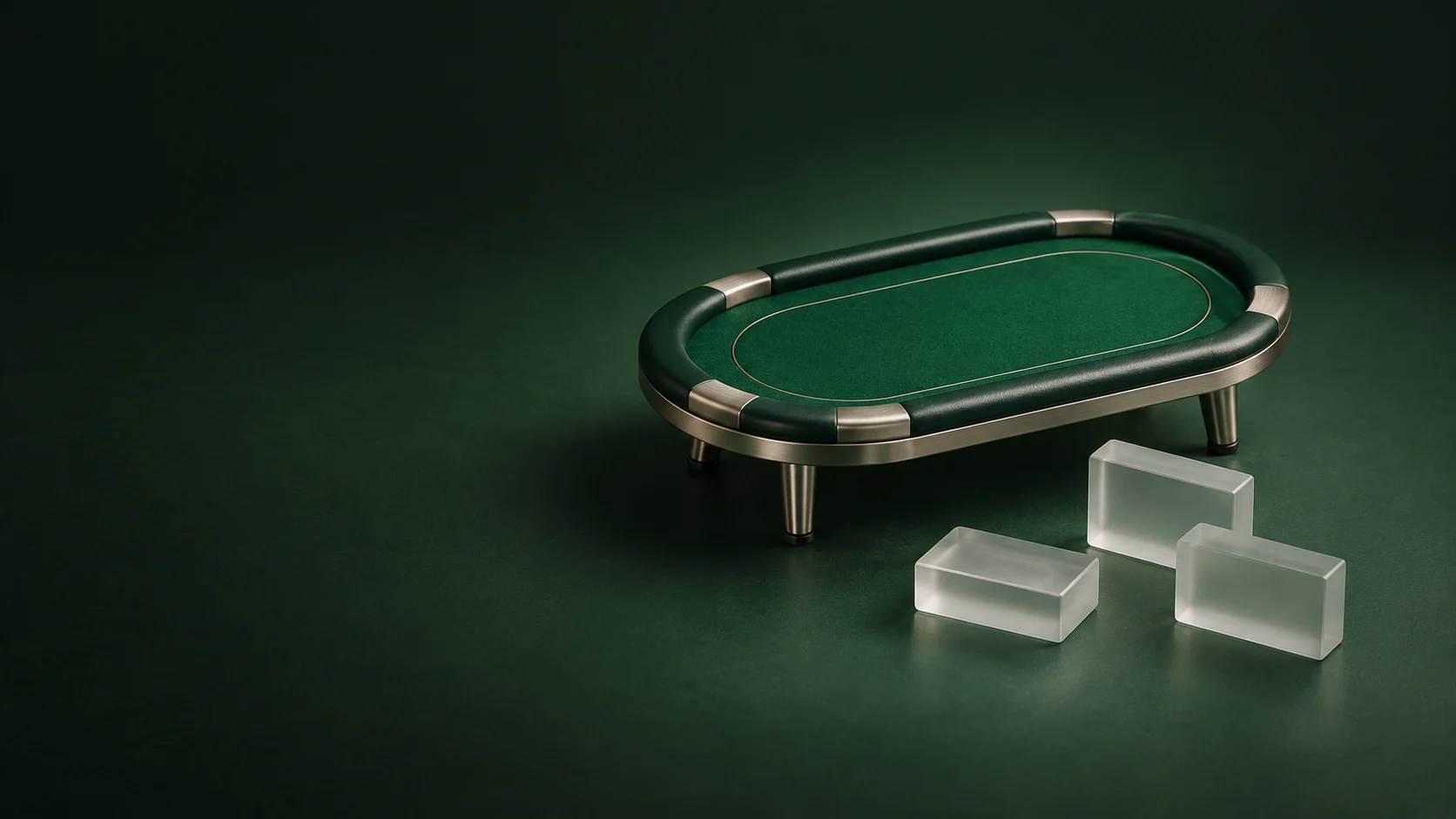 An empty oval green felt table beside three separate frosted rectangular archive blocks.