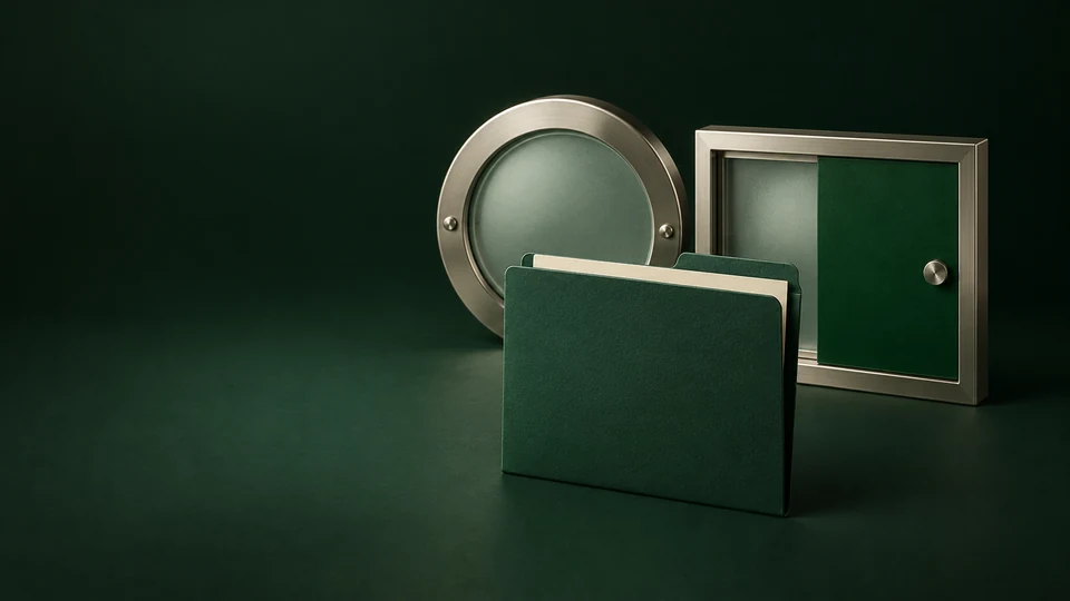 A blank green account folder before separate circular and rectangular nickel frames.
