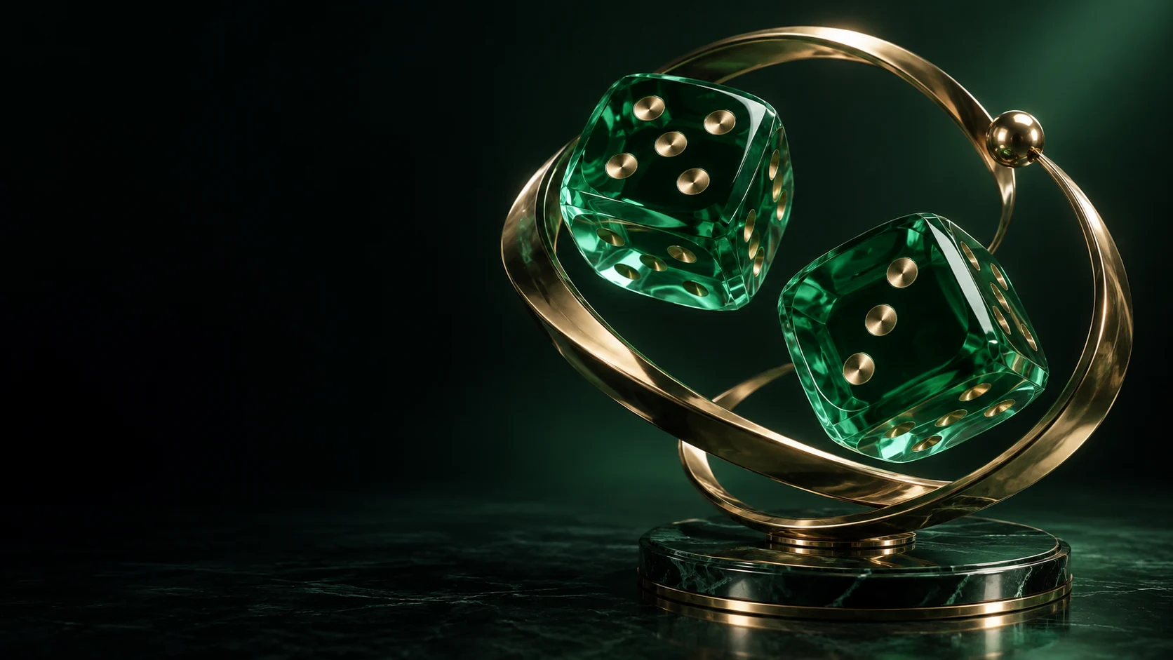 Two emerald glass dice within looping gold bands on a dark green base.