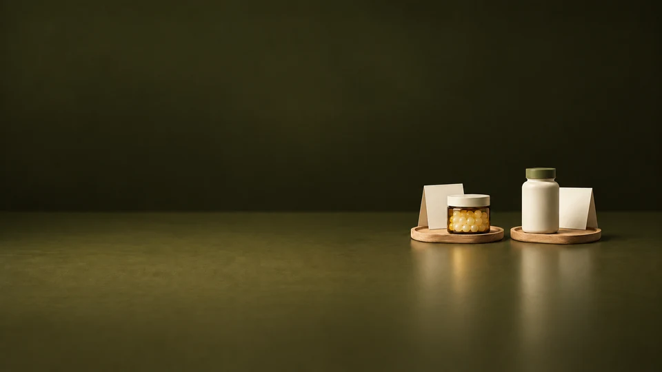 An amber gummy jar and ivory supplement bottle on separate wooden trays with blank cards.