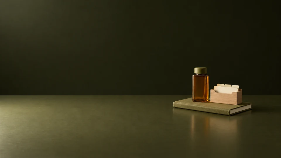 An amber supplement bottle and blank index cards on a closed olive notebook.